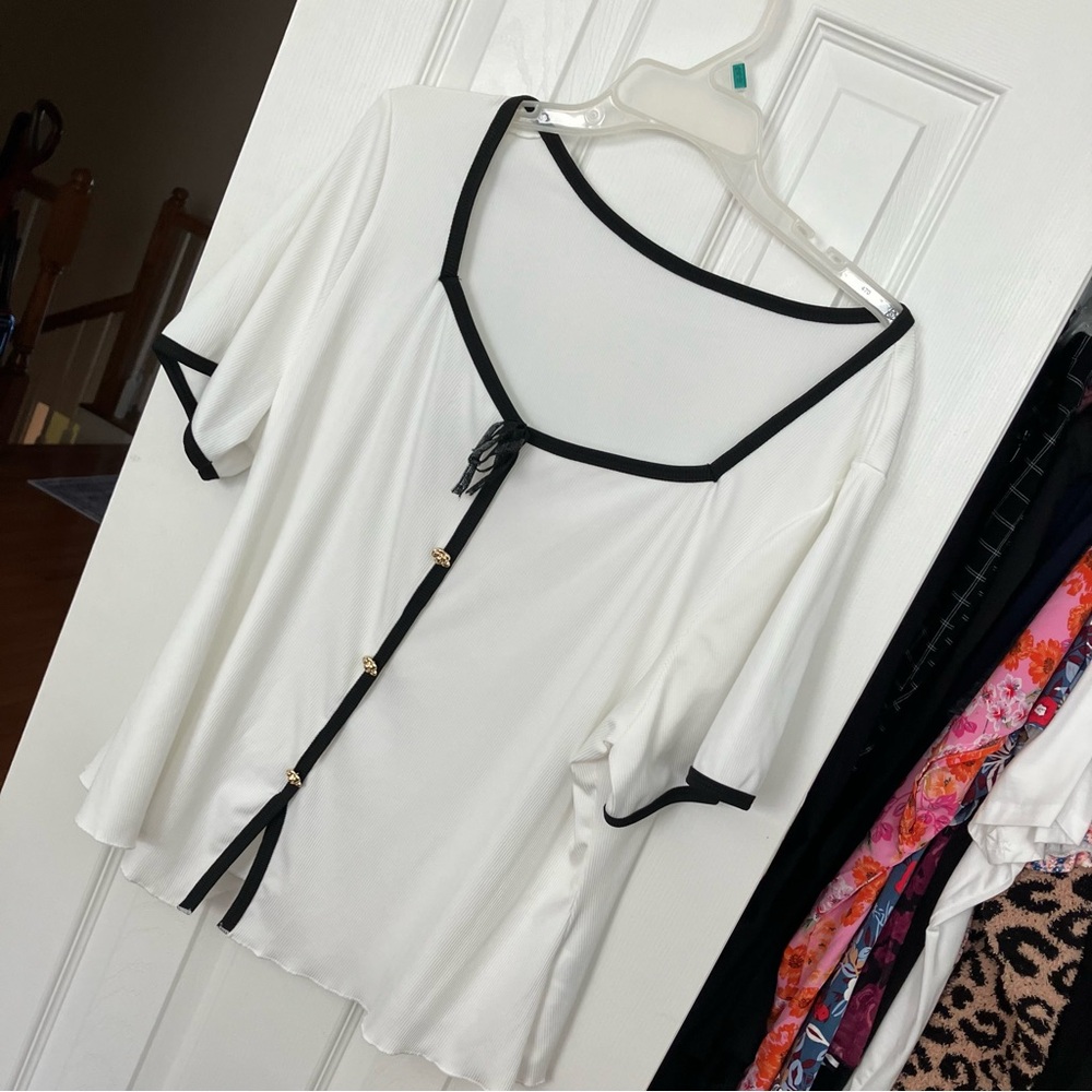 White Black Trim Gold Button Square Neck Top
